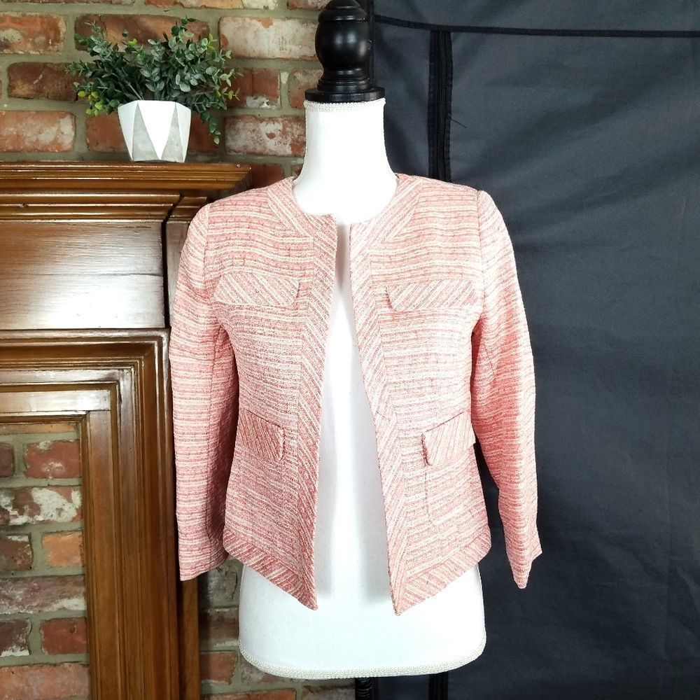 WD.NY Coral White Long Sleeve Tweed Open Front Jacket - Picture 1 of 8